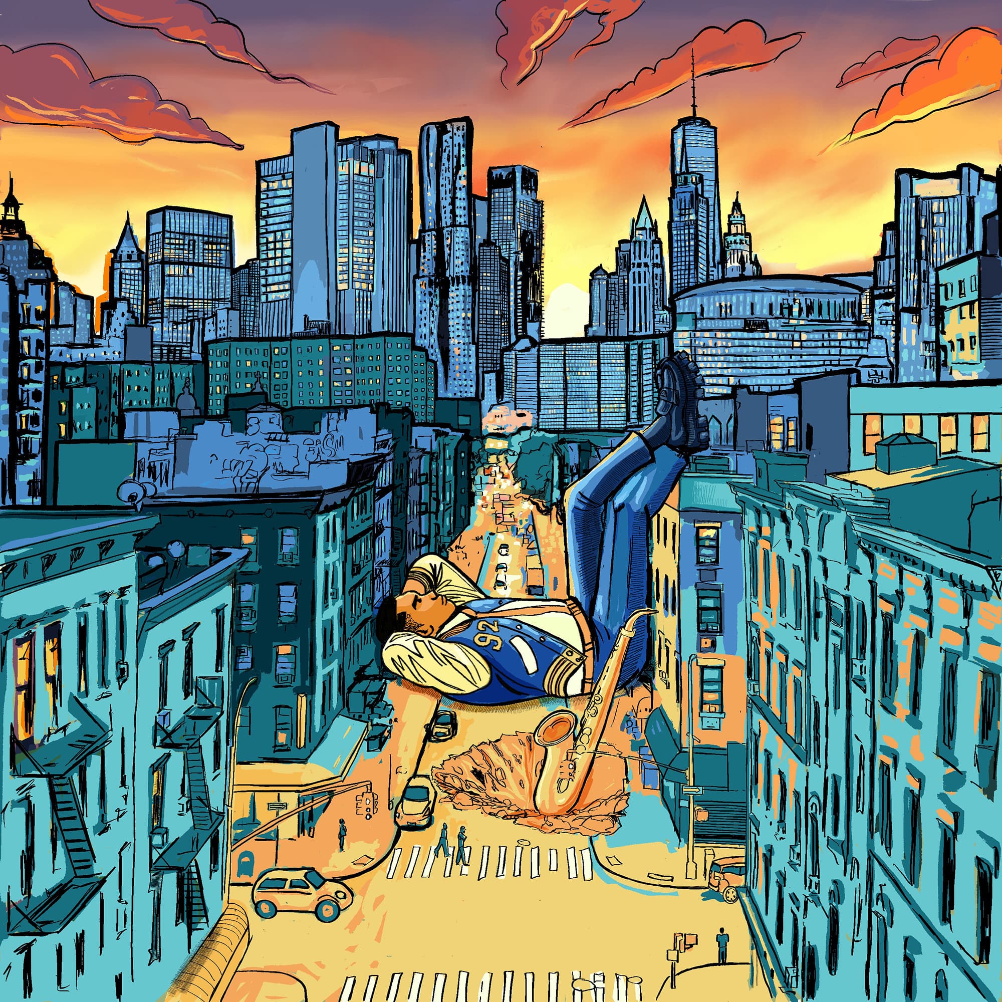 Illustration of New York City and a man laying on the grounds with a saxophone.